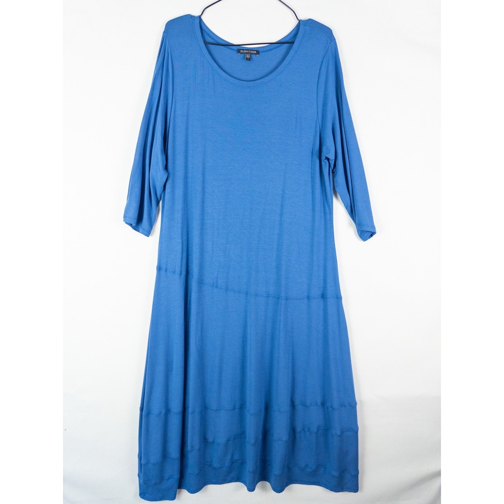 Eileen Fisher Scoop Neck 3/4 Sleeve Midi Dress Womens L Blue Minimalist Quiet Lu